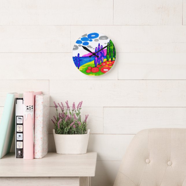 Pop Art Paradise – Bold Graphic Landscape Round Clock (Reading Room)