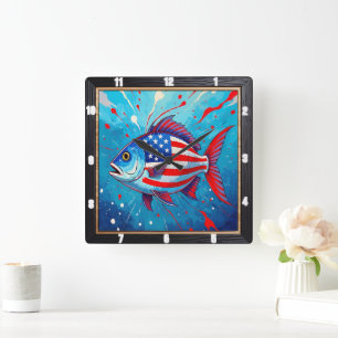 Pop Art Patriotic Fish  Square Wall Clock