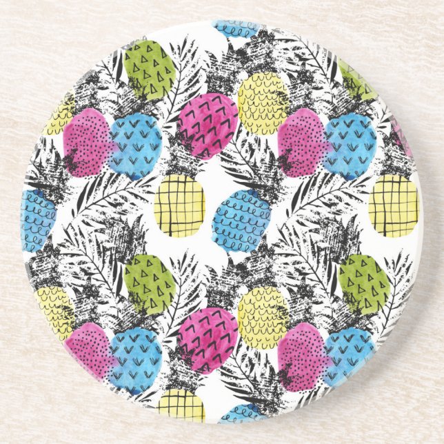 Pop Art Pineapples And Palm Leaves Coaster (Front)