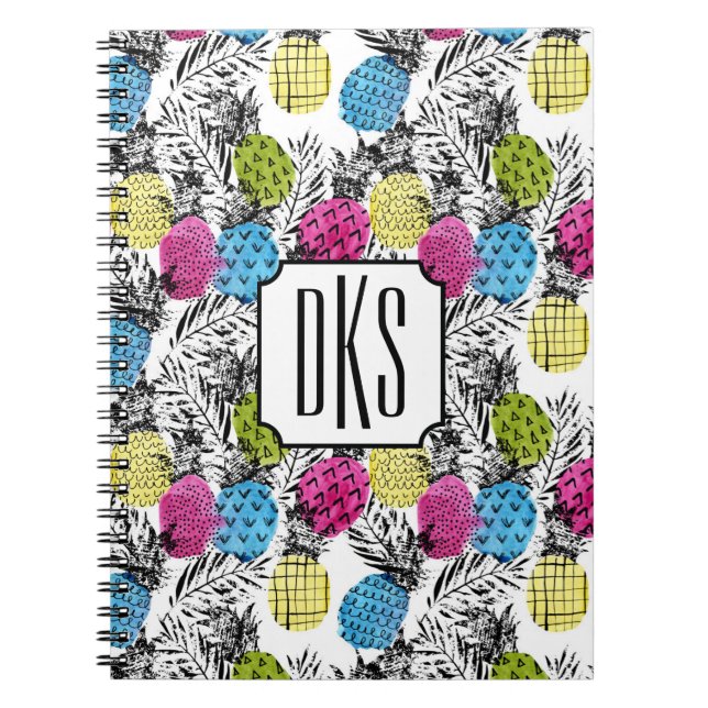 Pop Art Pineapples And Palm Leaves | Monogram Notebook (Front)