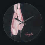 Pop Art Pink Ballet Shoes Large Clock<br><div class="desc">A textured digital painting of delicate pink pointe shoes with scratches,  splashes,  and drips. The background is a rough texture in a dark aqua tint.</div>