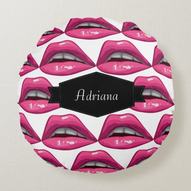 Pop Art Pink Lips Makeup Round Cushion (Front)