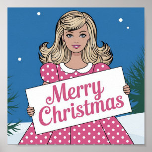 Pop art pink Merry Christmas retro girl Poster