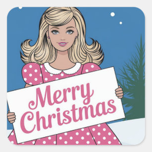 Pop art pink Merry Christmas retro girl Square Sticker