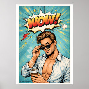 Pop Art Poster "WOW!" - Attractive Man Comic Wan