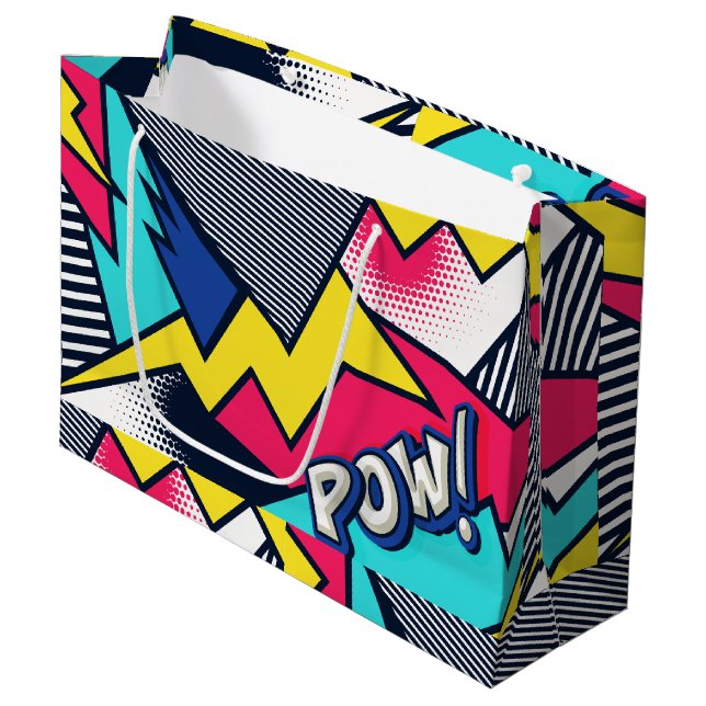 Pop Art Pow! Pattern in Magenta, Blue, and Black Large Gift Bag (Front Angled)