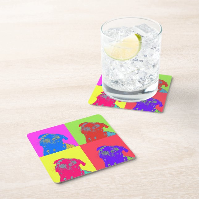 Pop Art Pug Portrait Square Paper Coaster (Insitu)