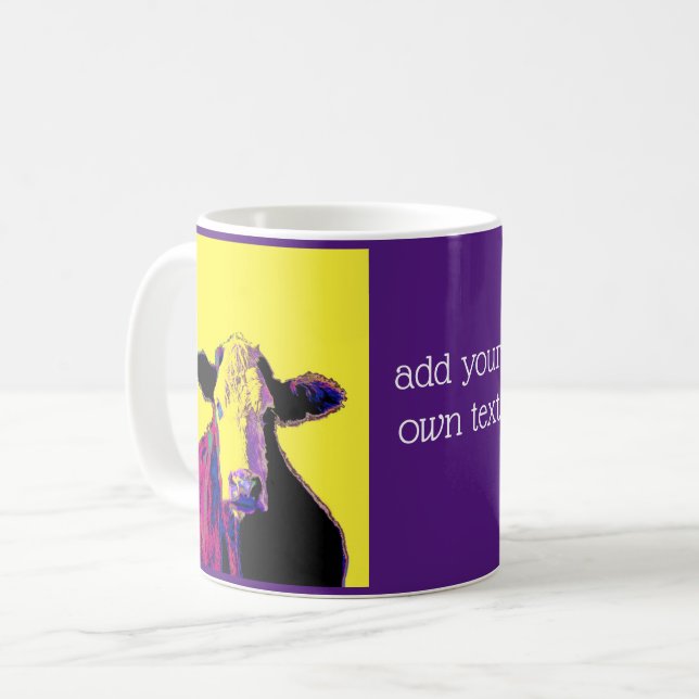 pop art purple and yellow  cow add your own quote coffee mug (Front Left)