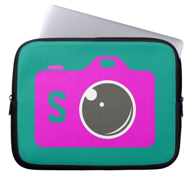 Pop Art Purple Camera Green Monogram Laptop Sleeve (Front)