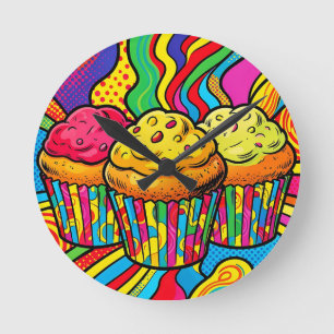 Pop Art Rainbow Cupcakes Explosion Round Clock
