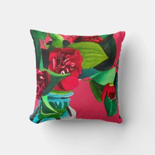 Pop Art red camellia flowers watercolor original Cushion