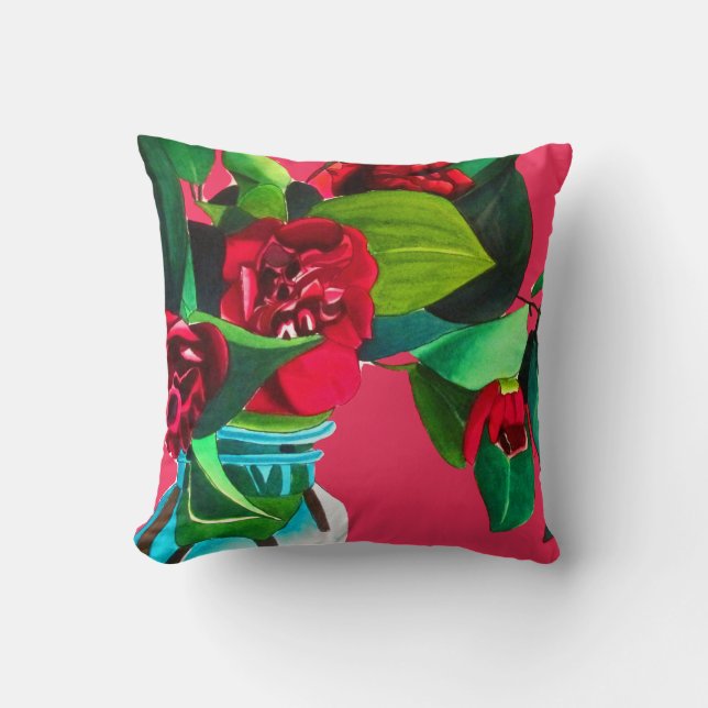 Pop Art red camellia flowers watercolor original Cushion (Front)