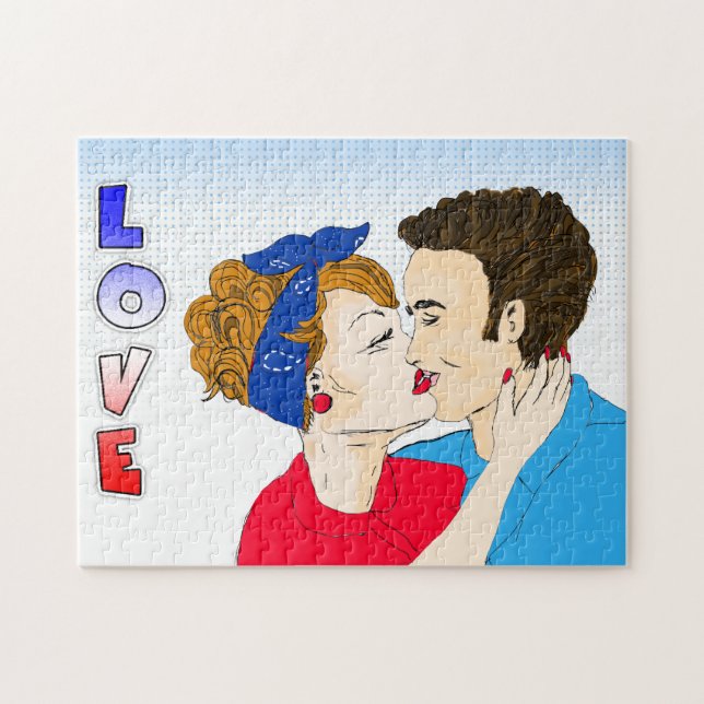 Pop Art Retro Couple Kissing Romantic Nostalgic Jigsaw Puzzle (Horizontal)