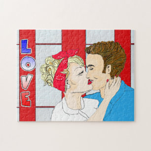Pop Art Retro Couple Kissing Romantic Nostalgic Jigsaw Puzzle