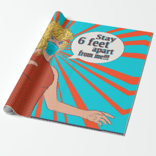 Pop art retro woman in face mask wrapping paper