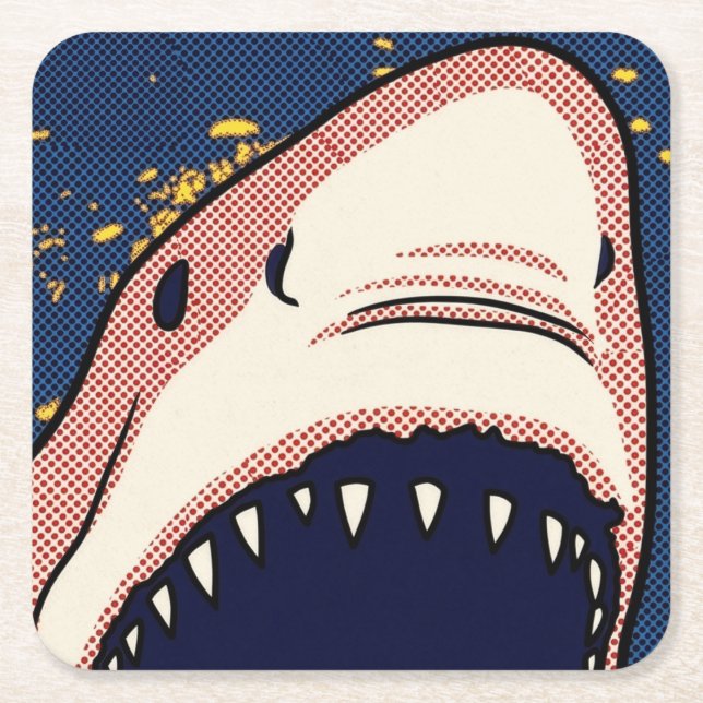 Pop Art Shark Jaw Halftone Comic Panel Square Paper Coaster (Front)