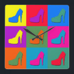 Pop art shoes square wall clock<br><div class="desc">Illustration of high-heel shoes on colourful tiled background</div>