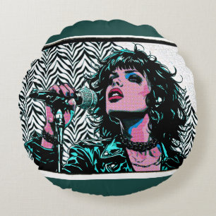 Pop Art Singer Teal Pink Musicians Music Lovers Round Cushion