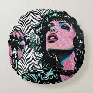 Pop Art Singer Teal Pink Punk Rocker Music Lovers Round Cushion