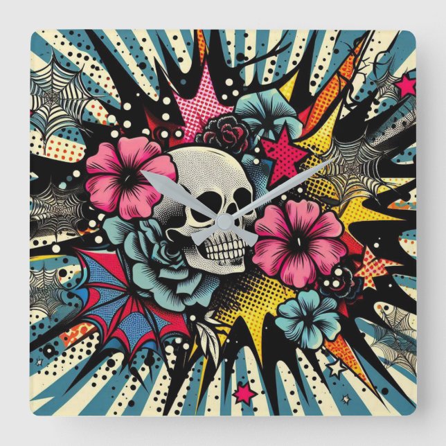 Pop Art Skull Square Wall Clock (Front)