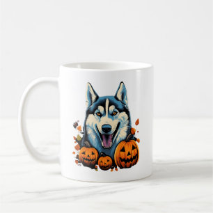 Pop Art Smilling Husky Dog with Pumpkins Halloween Coffee Mug