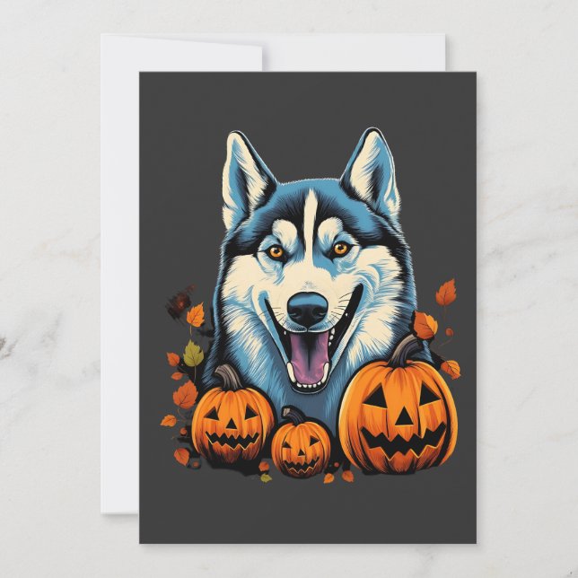 Pop Art Smilling Husky Dog with Pumpkins Halloween Holiday Card (Front)