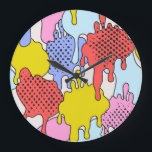 Pop Art Splatter: Comic Drama Large Clock<br><div class="desc">Comic dripping blots background in pop art, graffiti style. Funky paint drips, staines, drops seamless pattern. Bold Vintage illustration for unusual contemporary design Pop Art Funk: Splashy Blots for the Modern Vibe! Pop Art Graffiti: Dripping Blots in Style! pattern, graffiti, illustration, funky, pop, street, comic, seamless, cartoon, painting, drip, abstract,...</div>