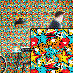 Pop Art Stars Aqua Blue Red Yellow Wallpaper