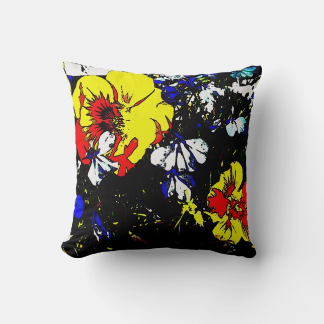 pop art style red yellow blue and white flowers cushion (Front)