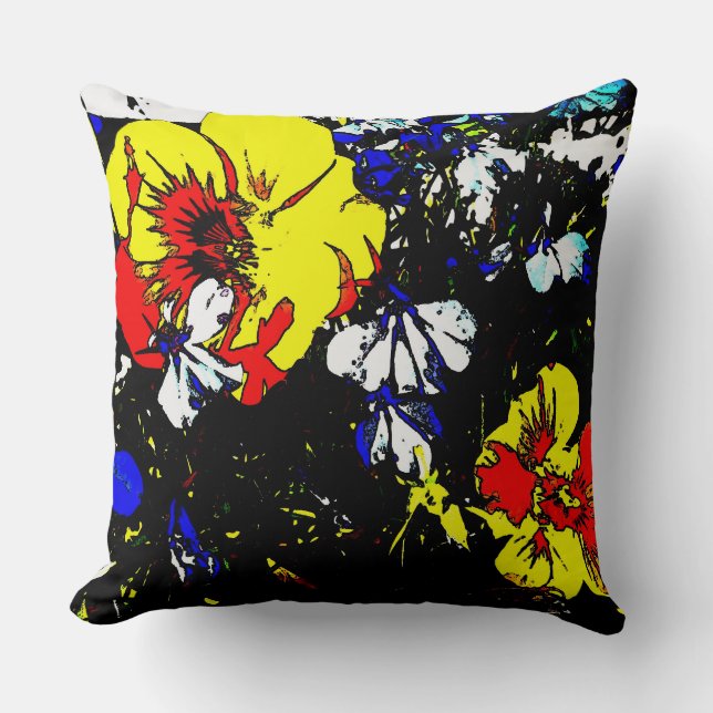 pop art style red yellow blue and white flowers cushion (Front)