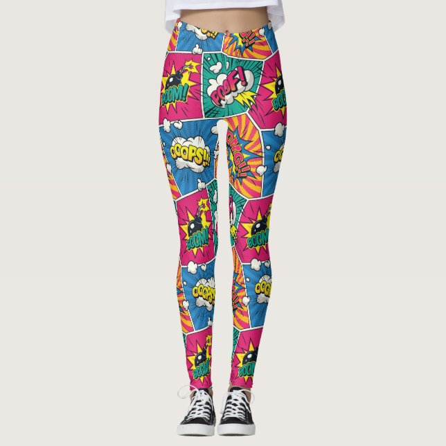 Pop Art Style - Whimsical Retro Comic Explosion Leggings (Front)