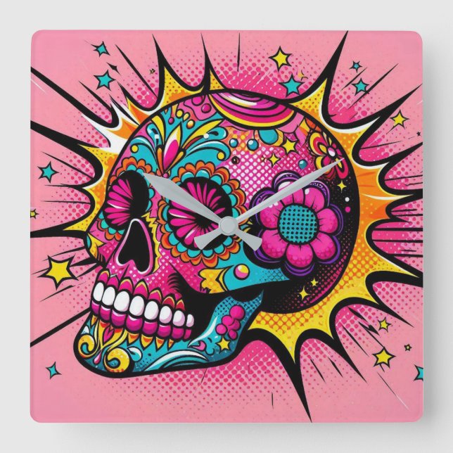 Pop Art Sugar Skull Square Wall Clock (Front)