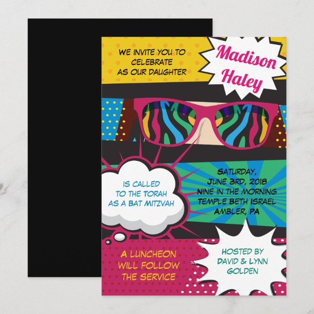 POP ART SUNGLASSES RETRO Bat Mitzvah Invitation (Front/Back)