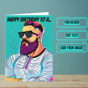 Pop Art Teal Background Bearded Dude Birthday Card