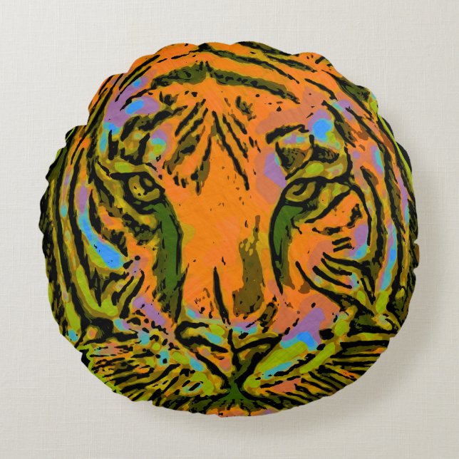 Pop Art TIGER HEAD + your backgr. & ideas Round Cushion (Front)