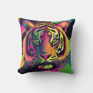 Pop Art Tiger Illustration with Neon Colors Cushion