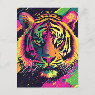 Pop Art Tiger Illustration with Neon Colors Postcard