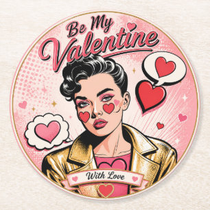 Pop Art Valentine With Golden Glam Round Paper Coaster