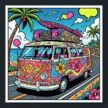 Pop Art Van Poster<br><div class="desc">A high-quality graphic of a vintage beach van in a psychedelic Pop Art style. The van features bold patterns,  bright,  contrasting colours,  and thick outlines,  giving it a playful,  comic-book aesthetic.</div>