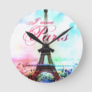 Pop Art Vintage Eiffel Tower Round Clock