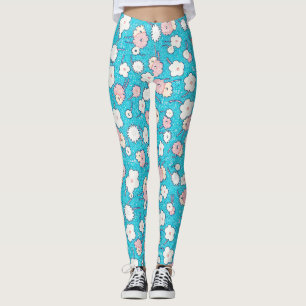 Pop Art Vintage Floral Art in Turquoise and Pink Leggings