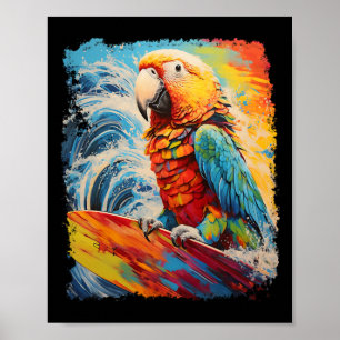 Pop Art Vintage Pet Bird Parrot Surfing Poster