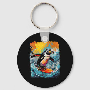 Pop Art Vintage Zoo Bird Surfing Penguin Key Ring