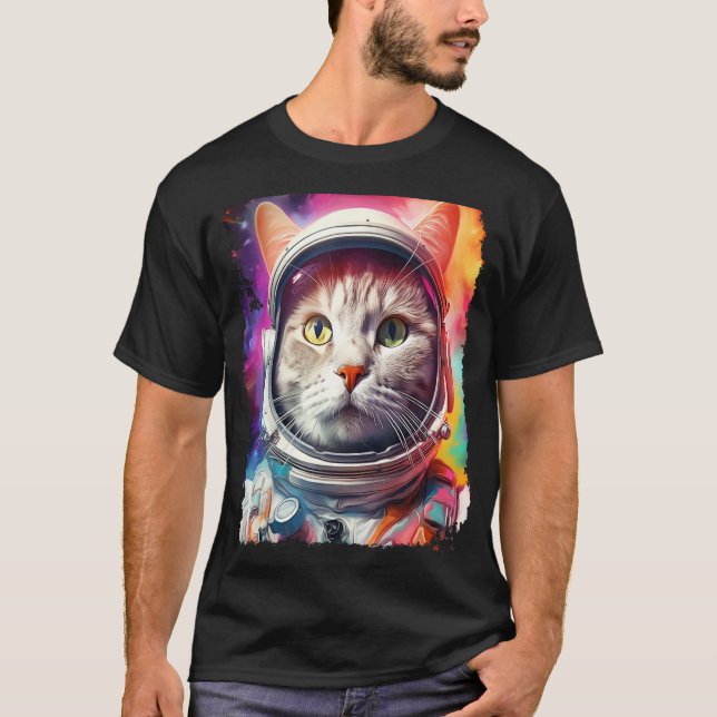 Pop Art White Cat Space Exploration T-Shirt (Front)