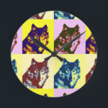 Pop Art Wolf Round Clock<br><div class="desc">Four Different Colours Pop Art Animal Artwork</div>