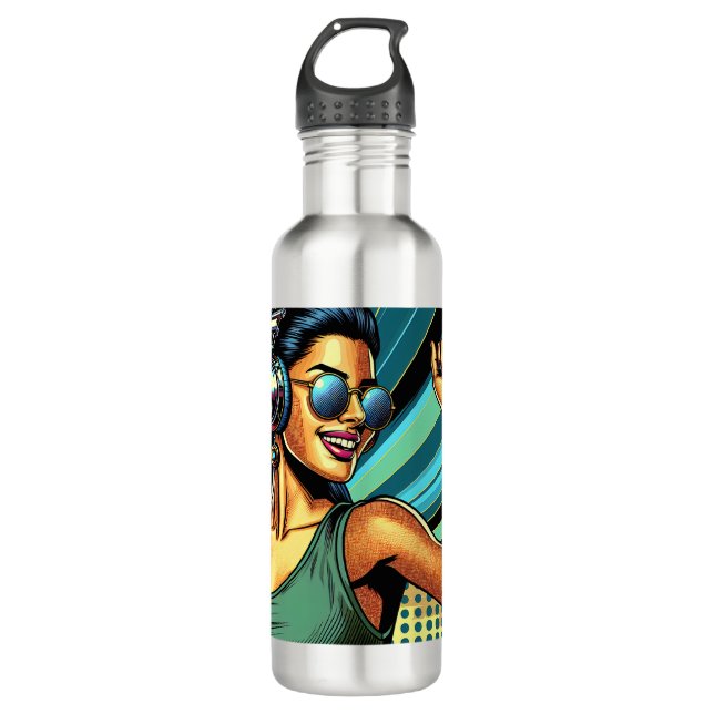 Pop Art Woman in Headphones Dancing 710 Ml Water Bottle (Front)