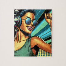 Pop Art Woman in Headphones Dancing