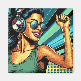 Pop Art Woman in Headphones Dancing Magnet