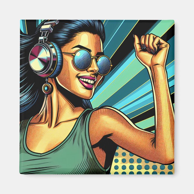 Pop Art Woman in Headphones Dancing Magnet (Front)