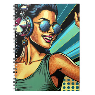 Pop Art Woman in Headphones Dancing Notebook
